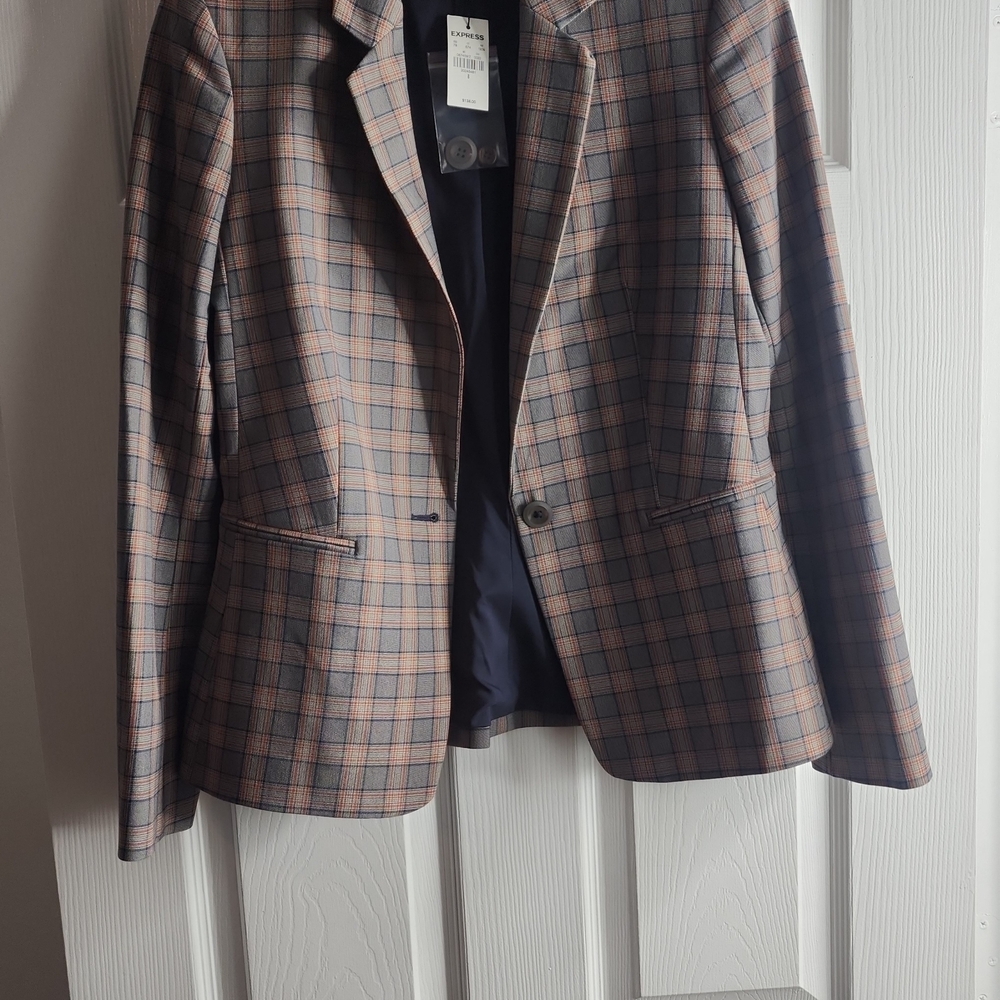 Express Men's Plaid Blazer - Brown and Blue